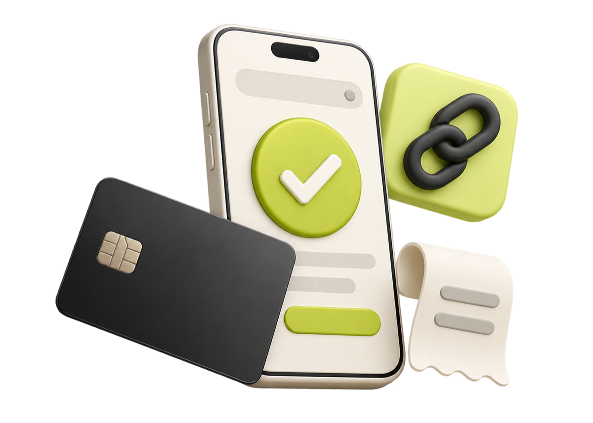 Illustration d’un téléphone confirmant un paiement, d’une carte bancaire et d’un lien de paiement